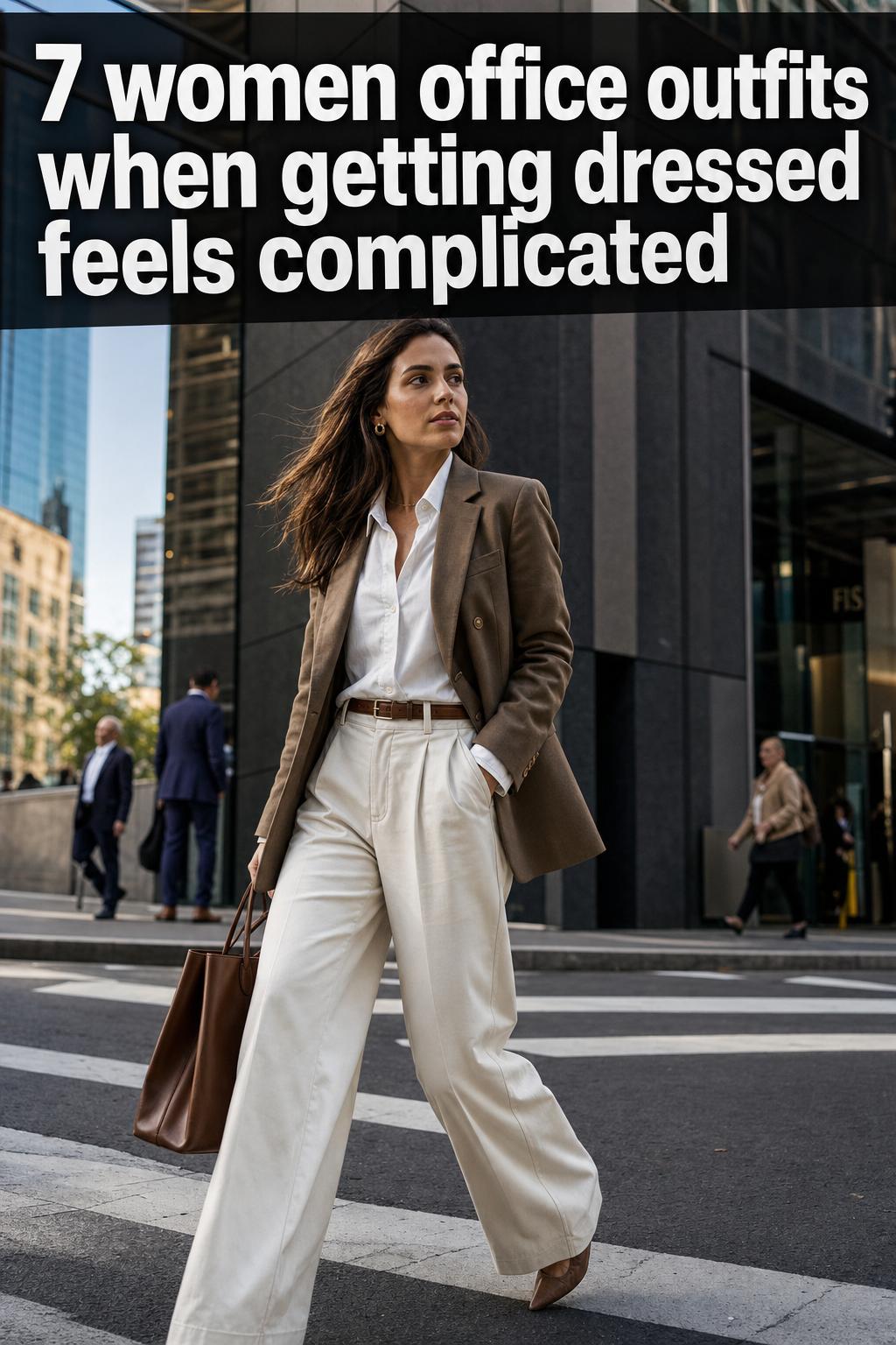 Women office outfits styled on professionals in a modern workplace, showcasing tailored blazers, trousers, and chic dresses.
