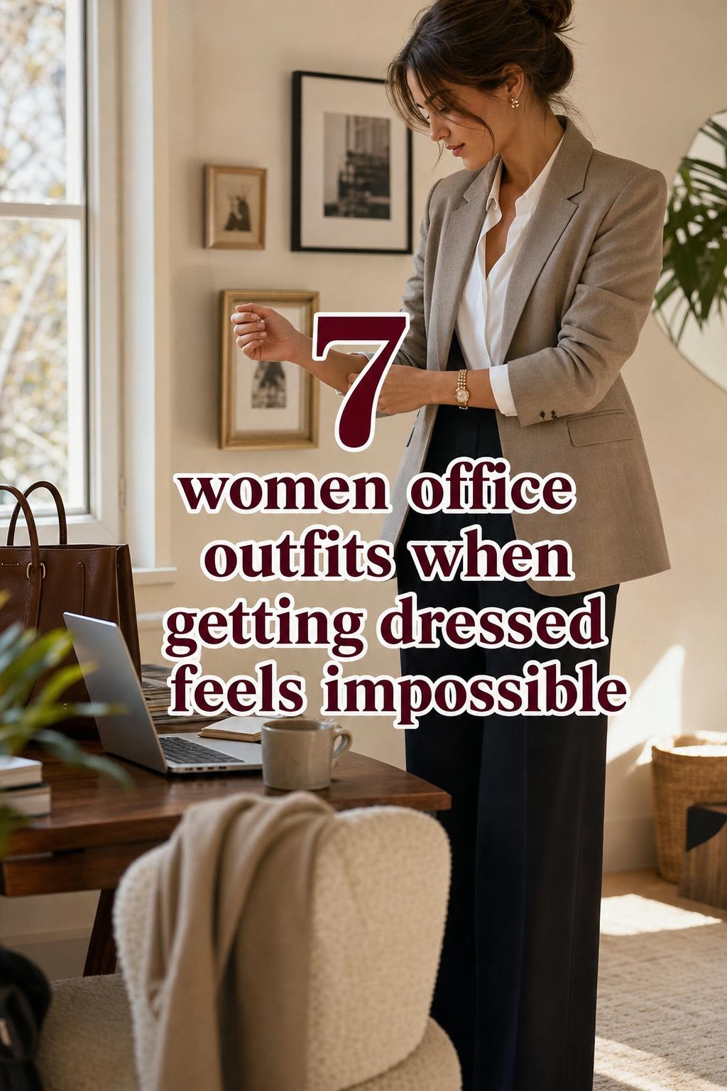 Women office outfits in a warm modern workspace, woman adjusting blazer cuff by desk with laptop, tote, and morning light