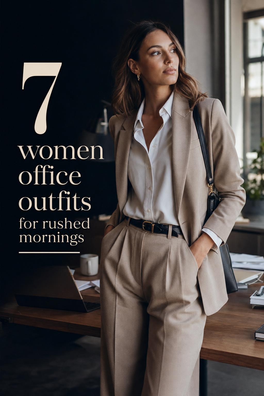 Women office outfits: confident woman in tailored blazer and trousers in a modern office, adjusting her bag by a desk