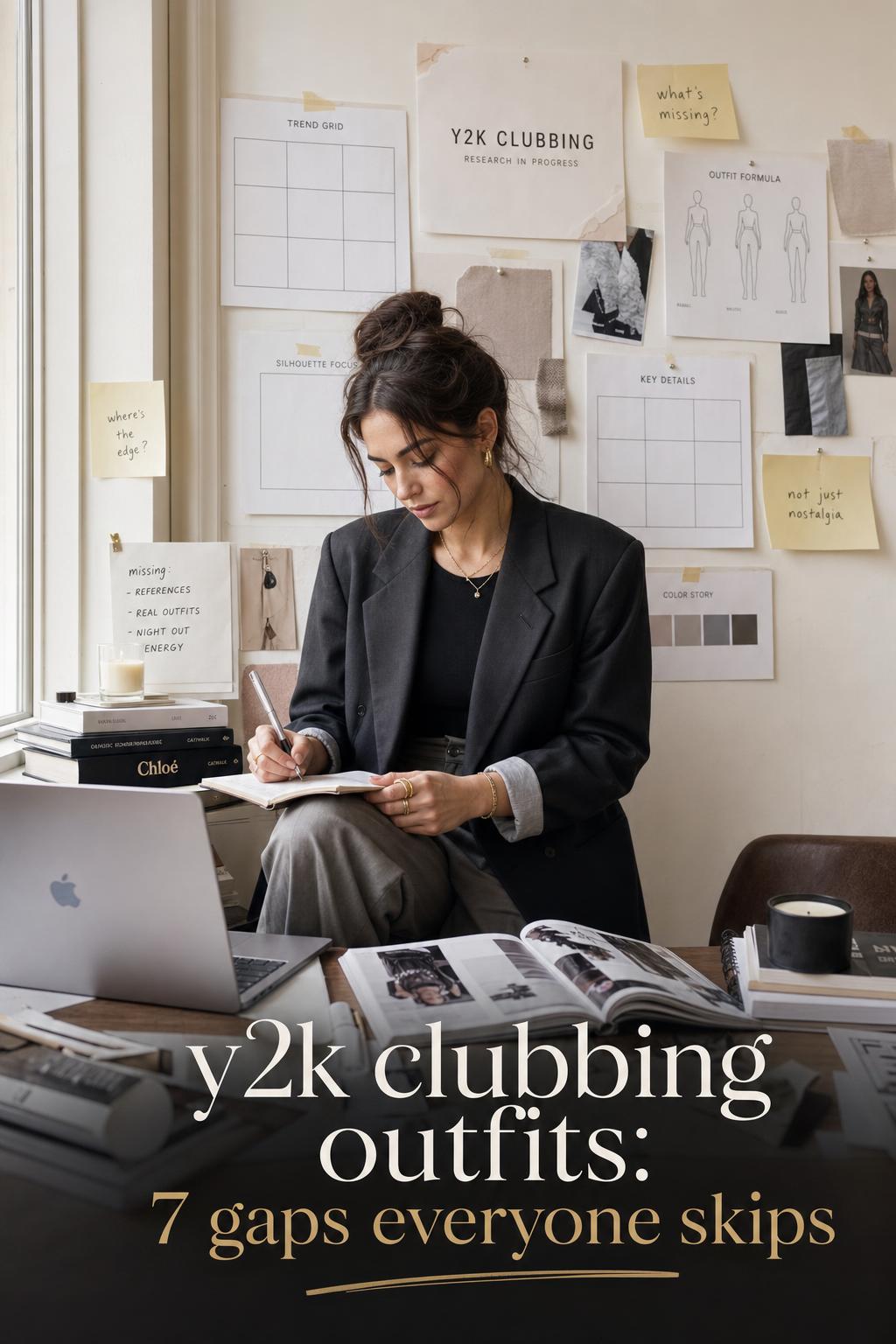 y2k clubbing outfits research studio editorial Editorial studio photo of a woman researching y2k clubbing outfits with mood boards, laptop, magazines, and desk notes