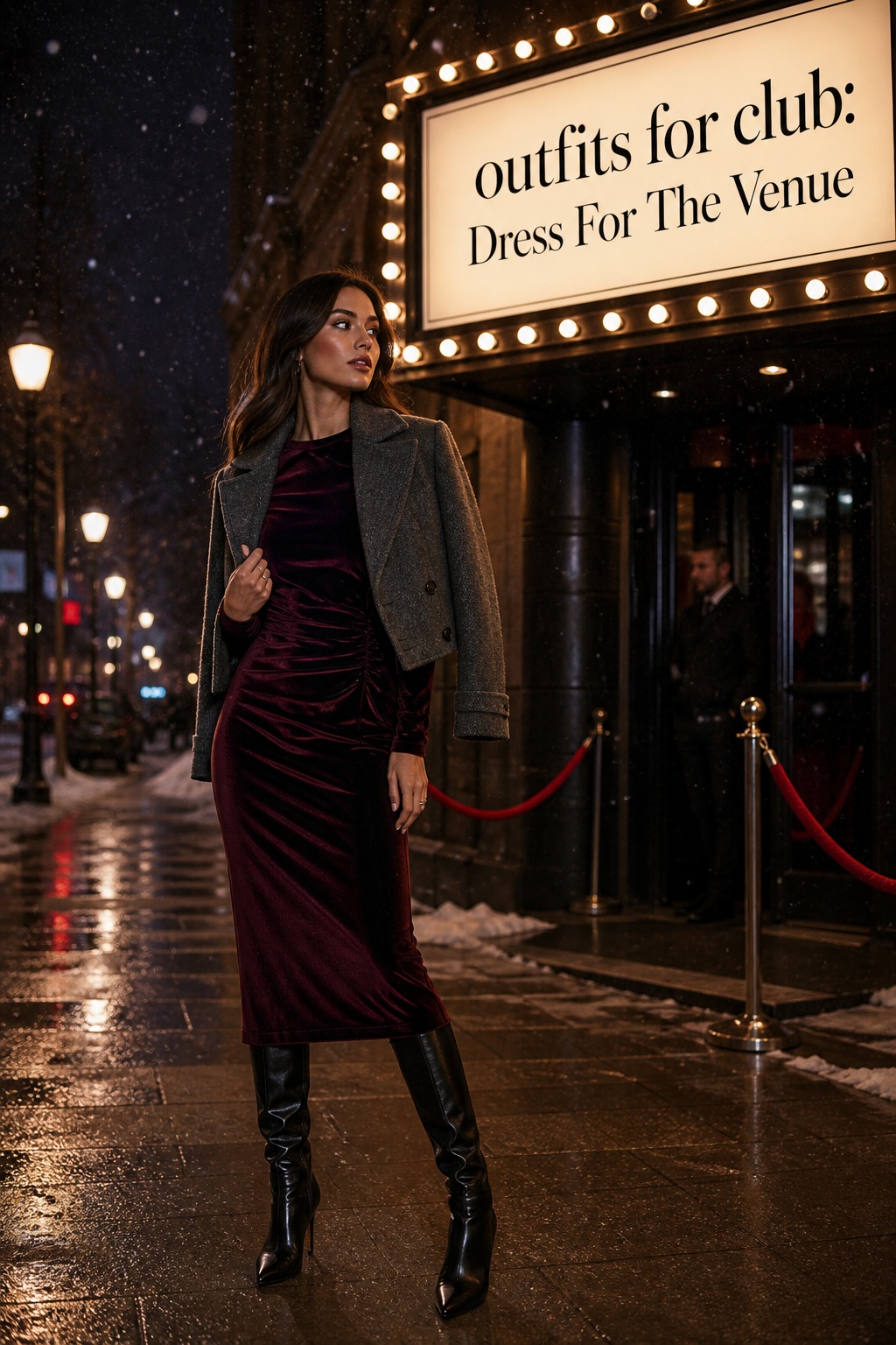 Outfits for Club: Dress for the Venue Outfits for club cold-weather look with velvet dress, cropped jacket, and boots