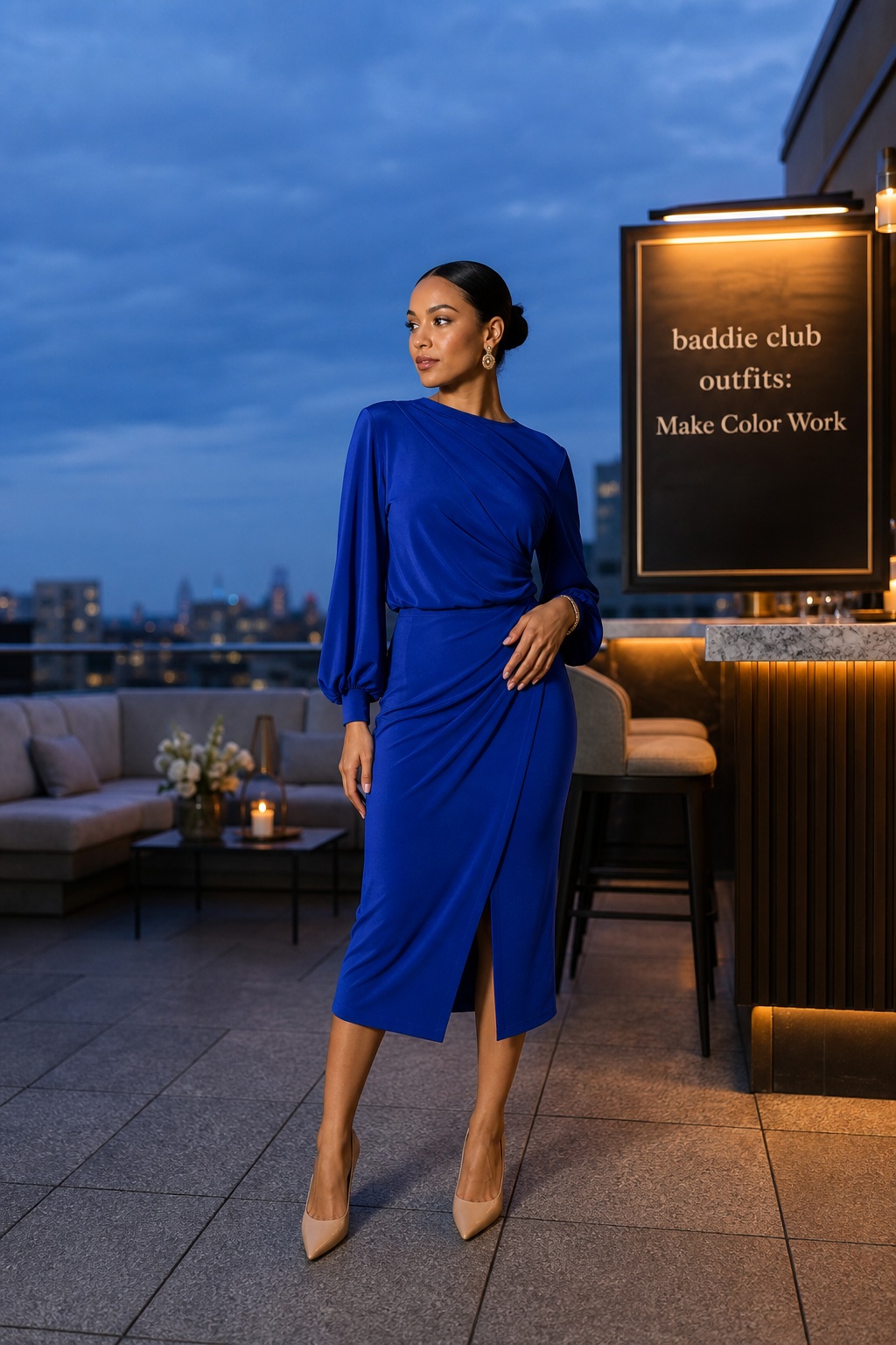 Baddie club outfits cobalt blue midi dress on a rooftop