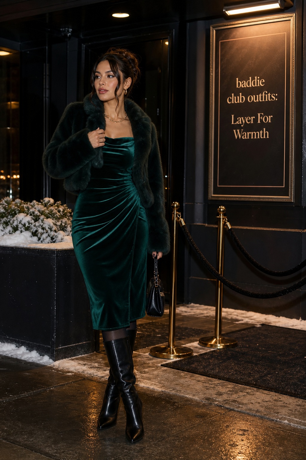 Baddie club outfits emerald velvet dress with faux fur jacket