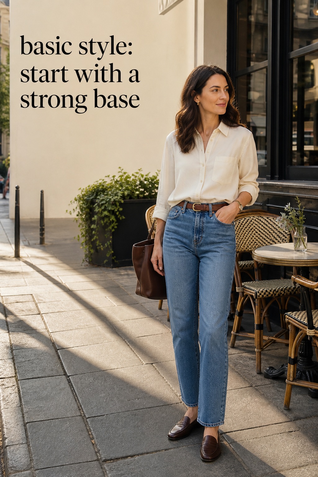 Basic Style Strong Base Basic style outfit with cream shirt, straight jeans and loafers