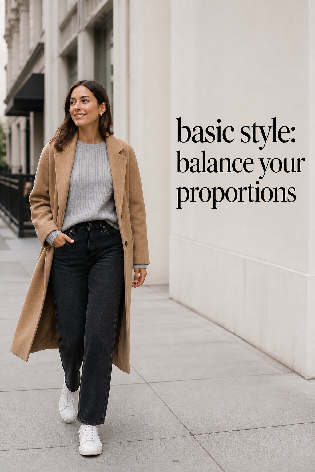 Basic Style Proportions Basic style proportions with gray knit, black jeans and camel coat