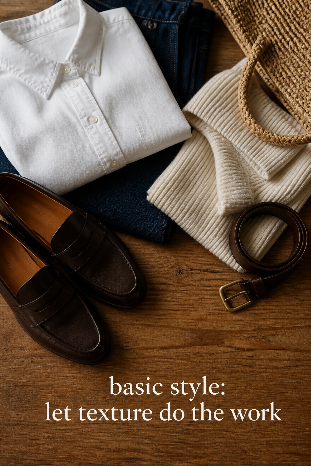 Basic Style Texture Basic style wardrobe textures with shirt, denim, knit and loafers