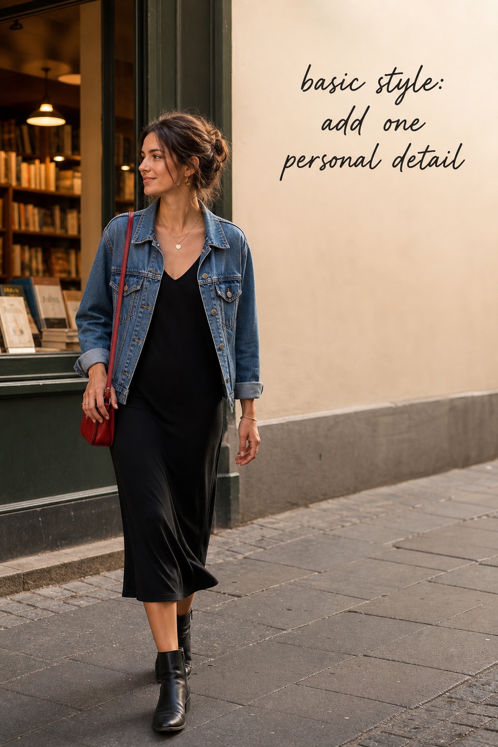 Basic Style Personal Detail Basic style black dress with denim jacket and red personal detail