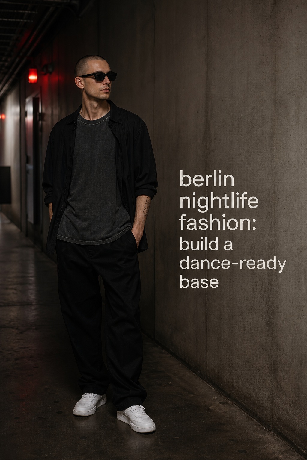 Berlin Nightlife Fashion: Dance-Ready Base berlin nightlife fashion with relaxed dark streetwear and clean sneakers in a club corridor