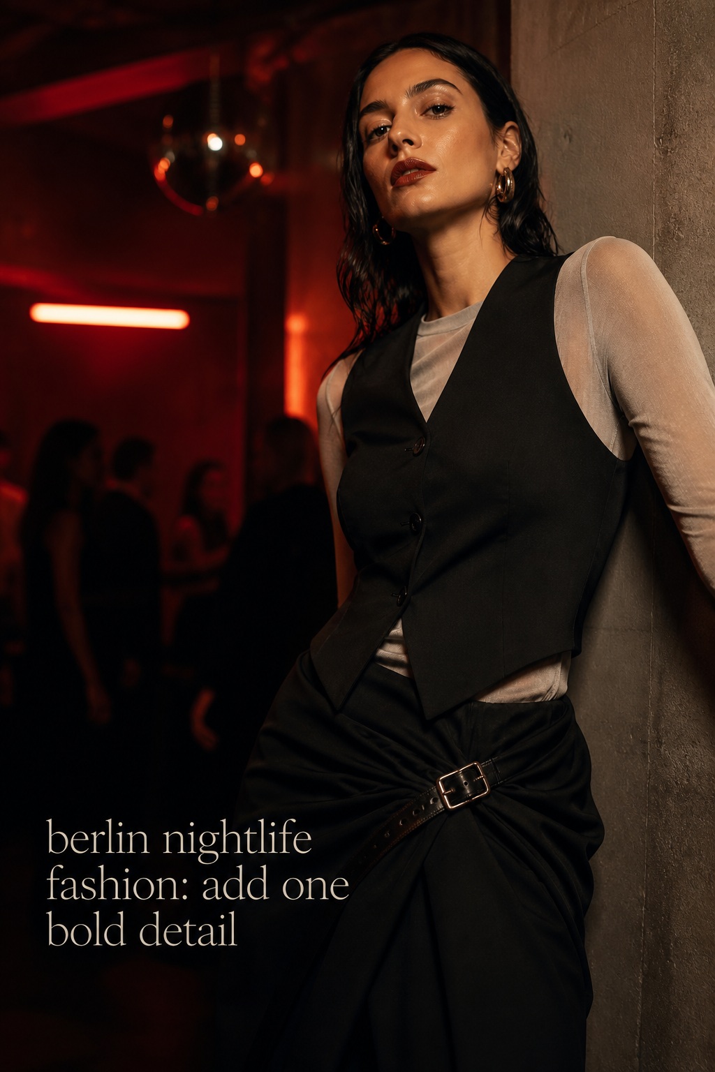 Berlin Nightlife Fashion: Bold Detail berlin nightlife fashion with a tailored vest, soft top, skirt, and leather belt detail