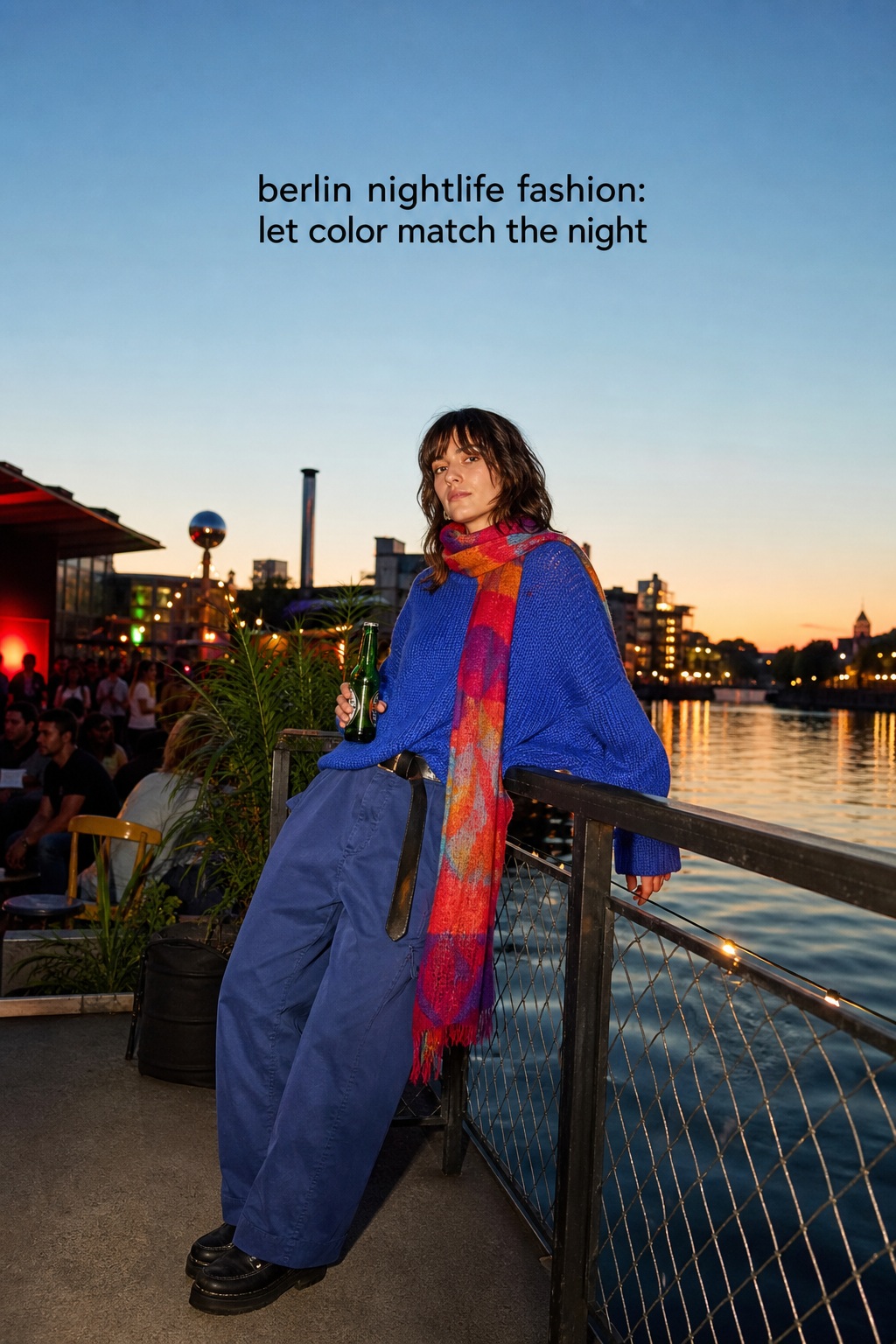 Berlin Nightlife Fashion: Colorful Party Look berlin nightlife fashion in a cobalt knit, relaxed trousers, boots, and colorful scarf by the river
