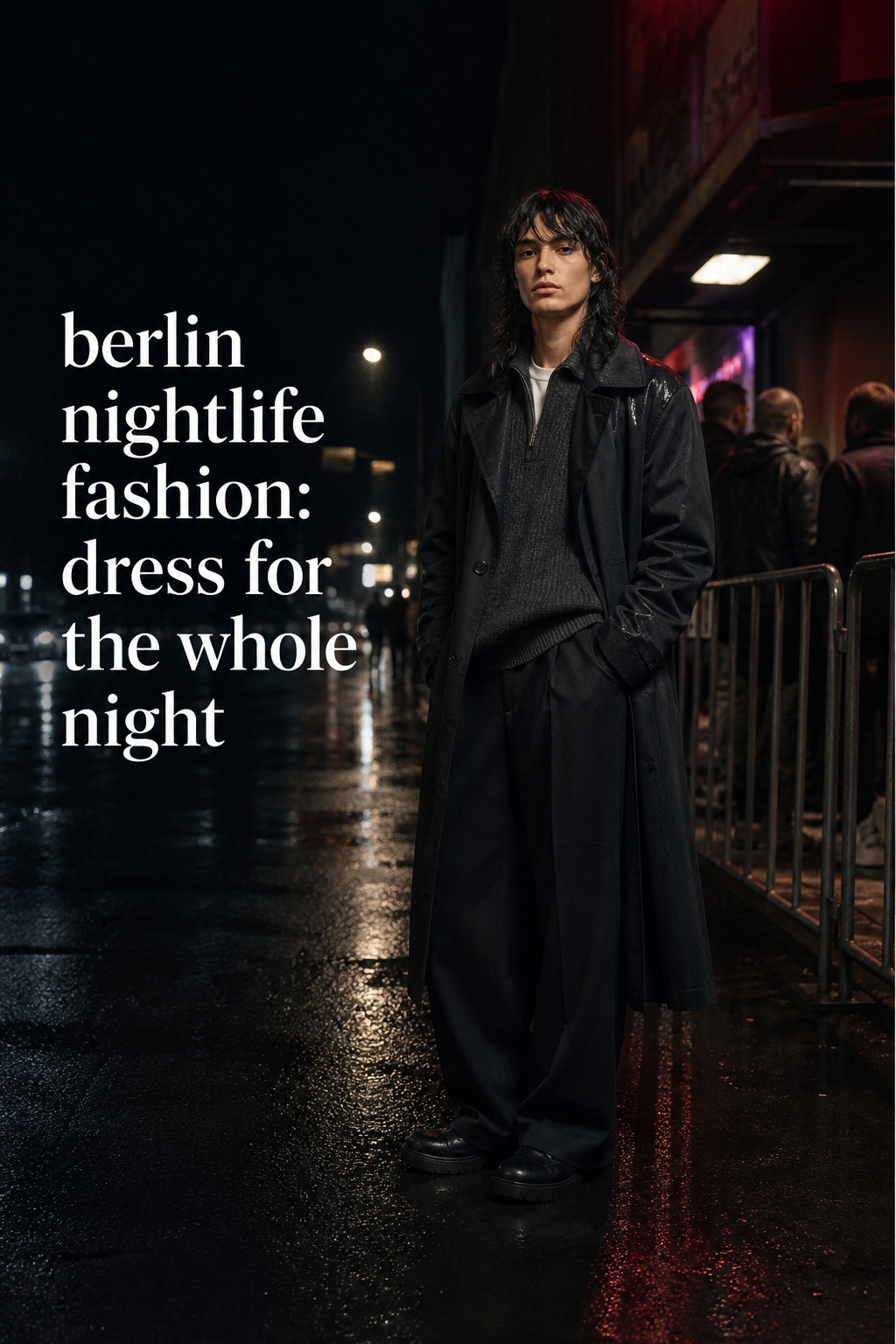 Berlin Nightlife Fashion: Weather-Ready Layers berlin nightlife fashion in a long dark coat and practical boots on a rainy club street