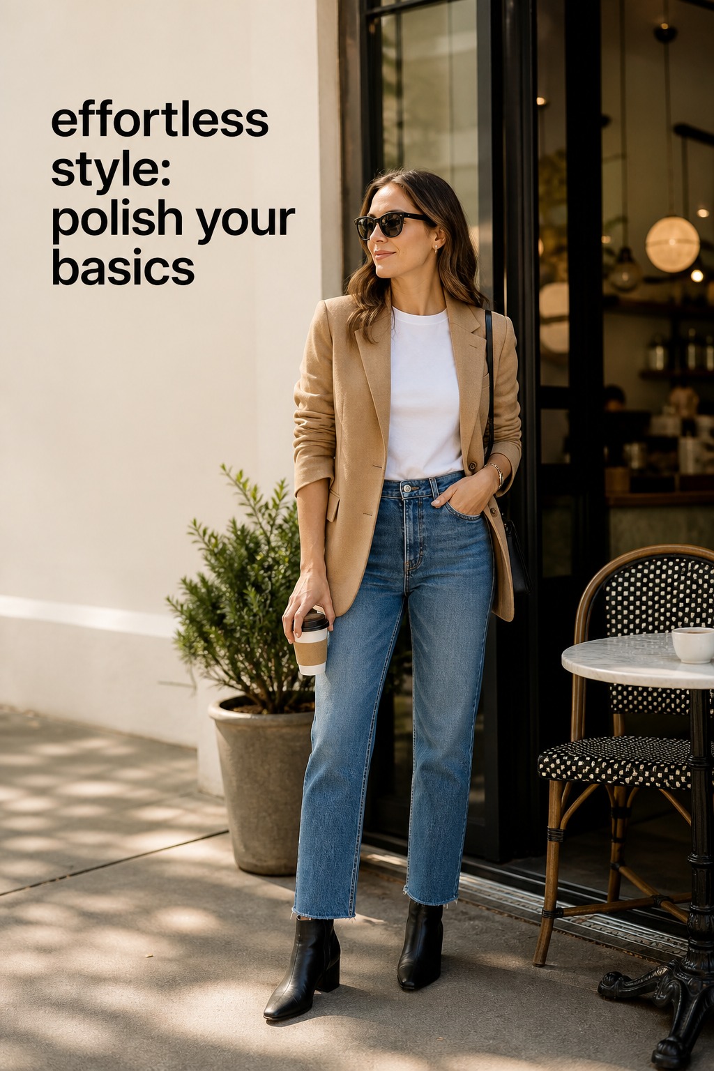 Effortless Style: Polish Basics effortless style with a white tee, jeans, and camel blazer for polished basics