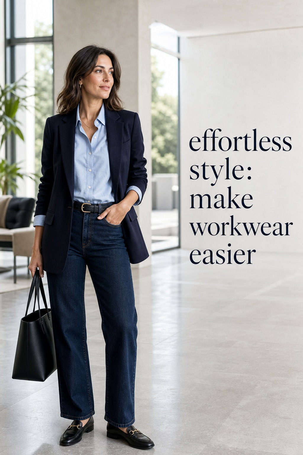 Effortless Style: Easier Workwear effortless style for easier workwear with dark jeans, blue shirt, blazer, and loafers
