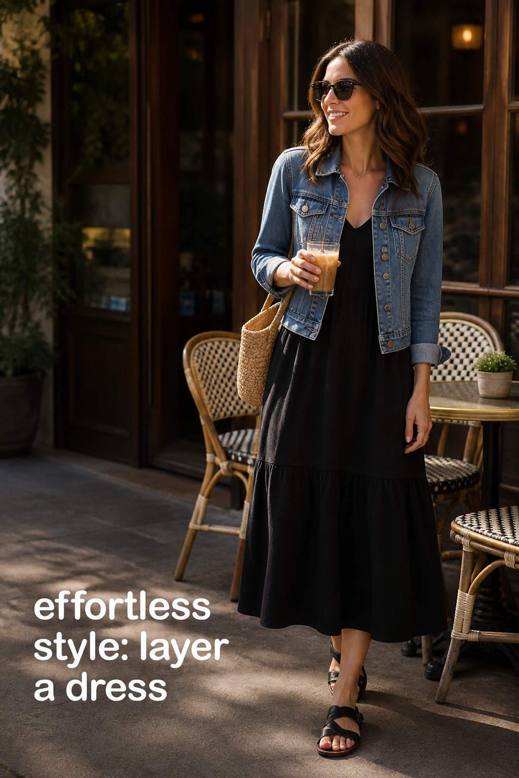 Effortless Style: Layer a Dress effortless style with a black midi dress, denim jacket, and flat sandals