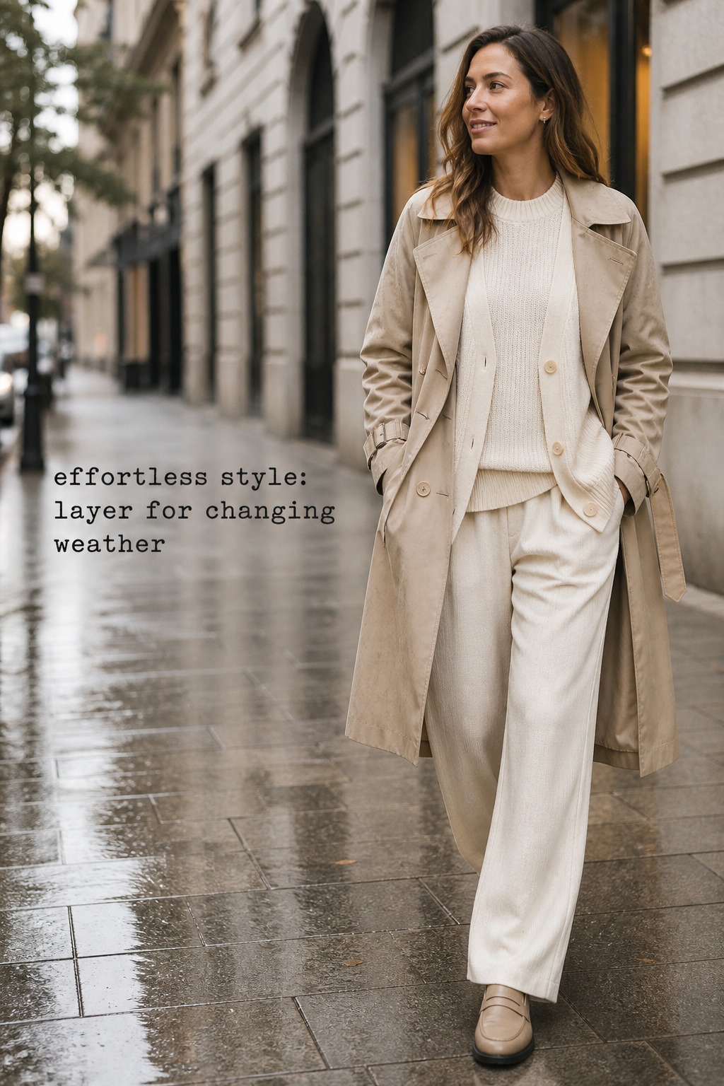 Effortless Style: Layer for Weather effortless style with cream layers, flowing trousers, trench, and loafers for changing weather