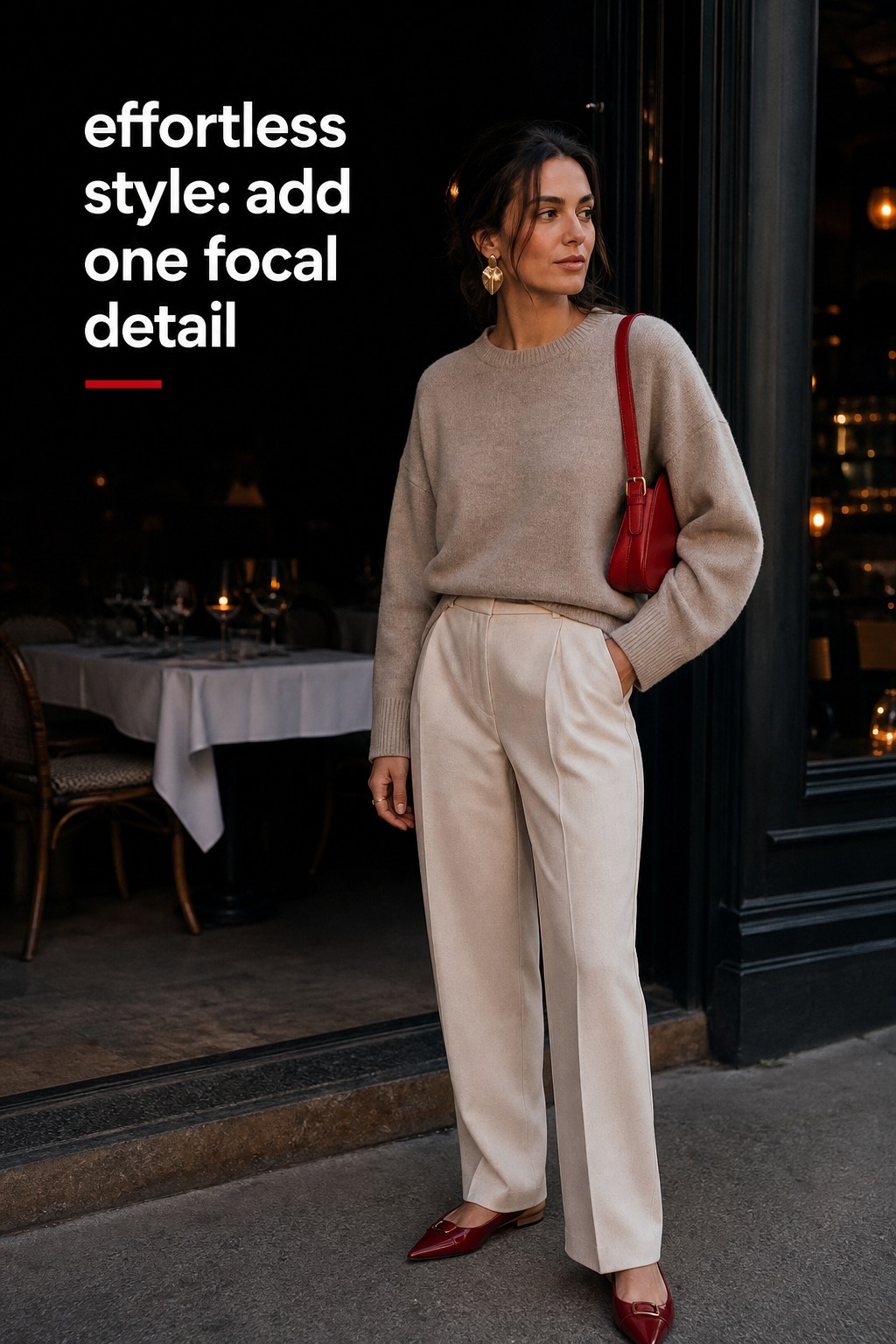 Effortless Style: One Focal Detail effortless style with a red bag and statement earrings for one focal detail