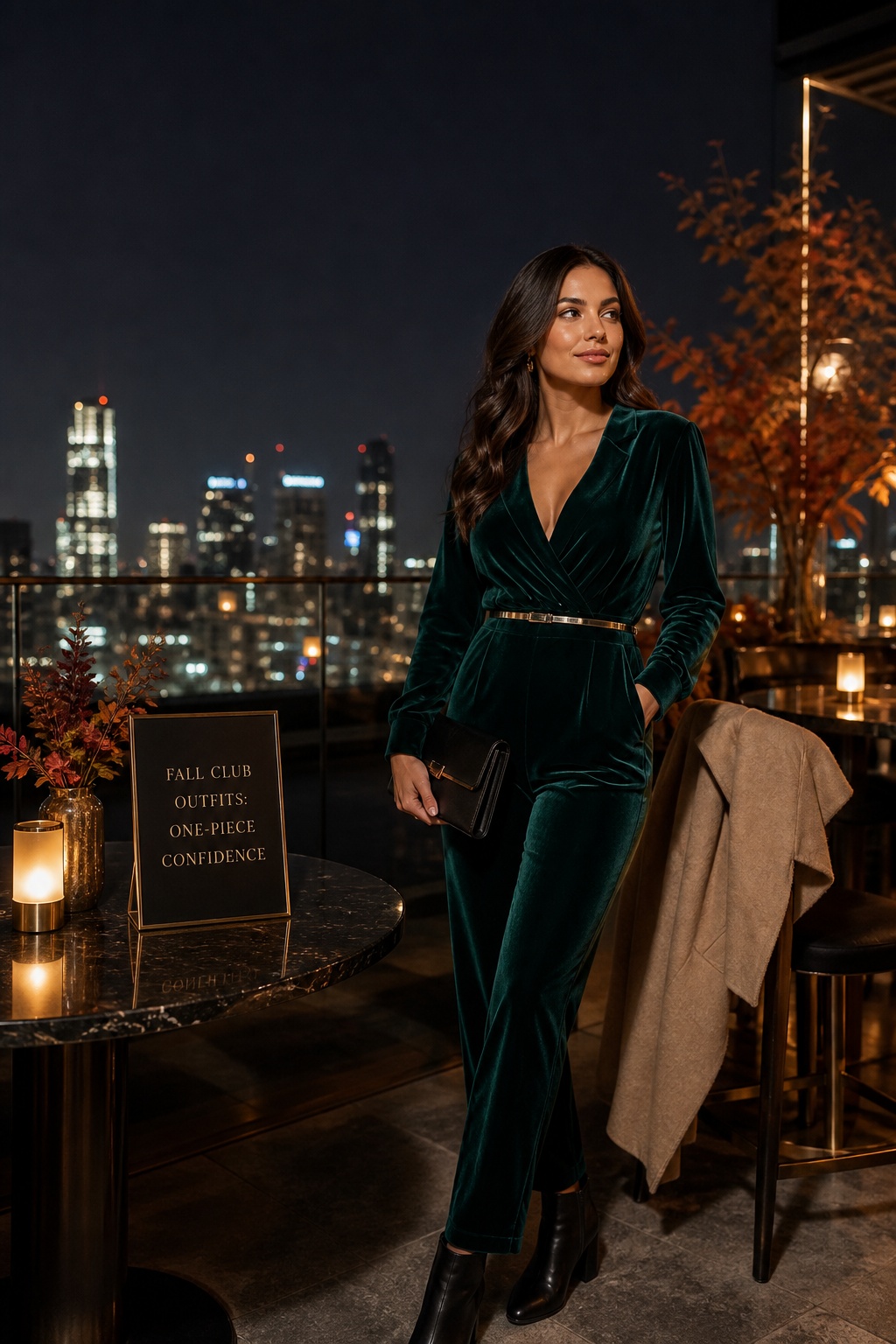 fall club outfits with an emerald velvet jumpsuit, metallic belt, boots, and clutch