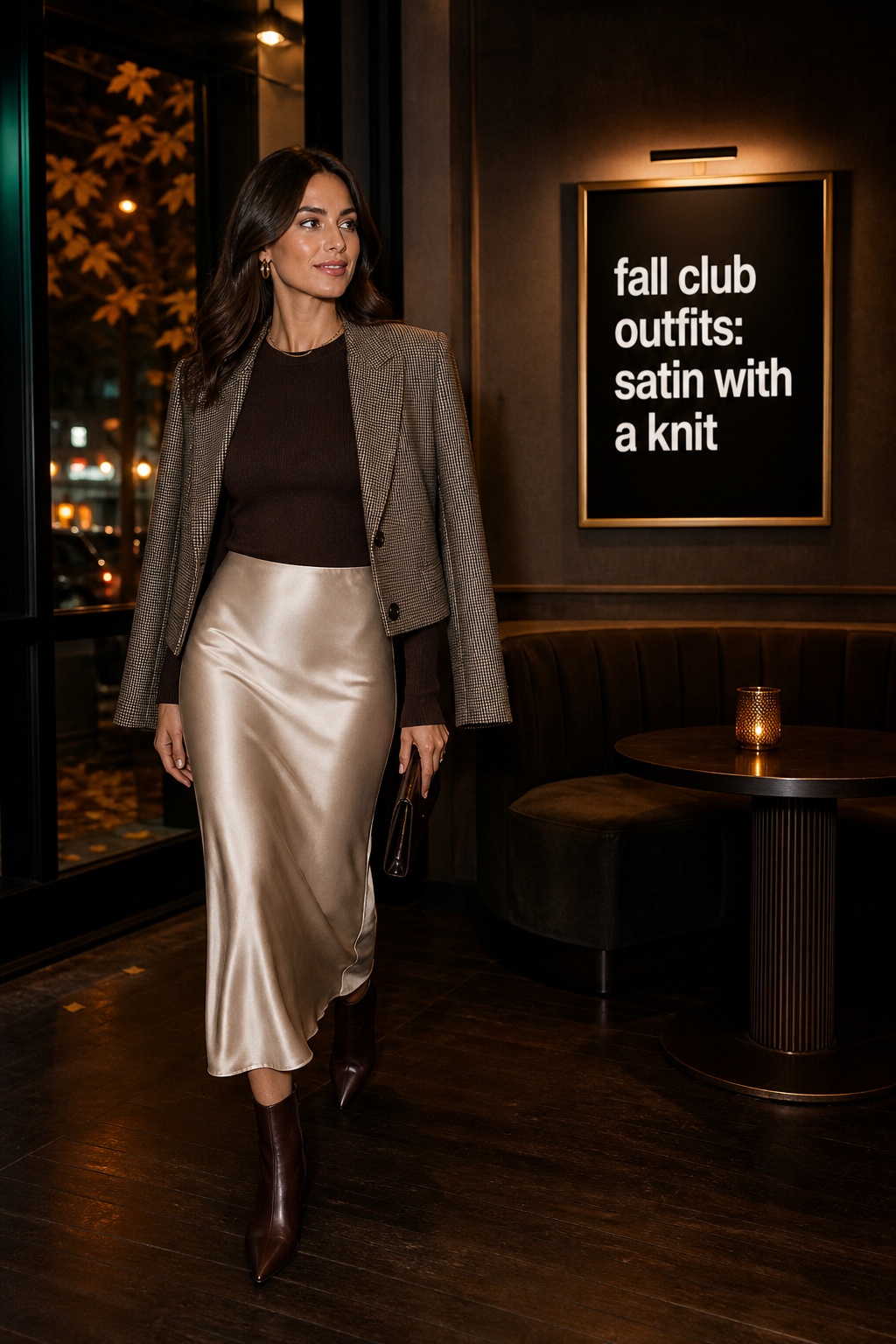 fall club outfits with a champagne satin midi skirt, fitted knit, blazer, and boots