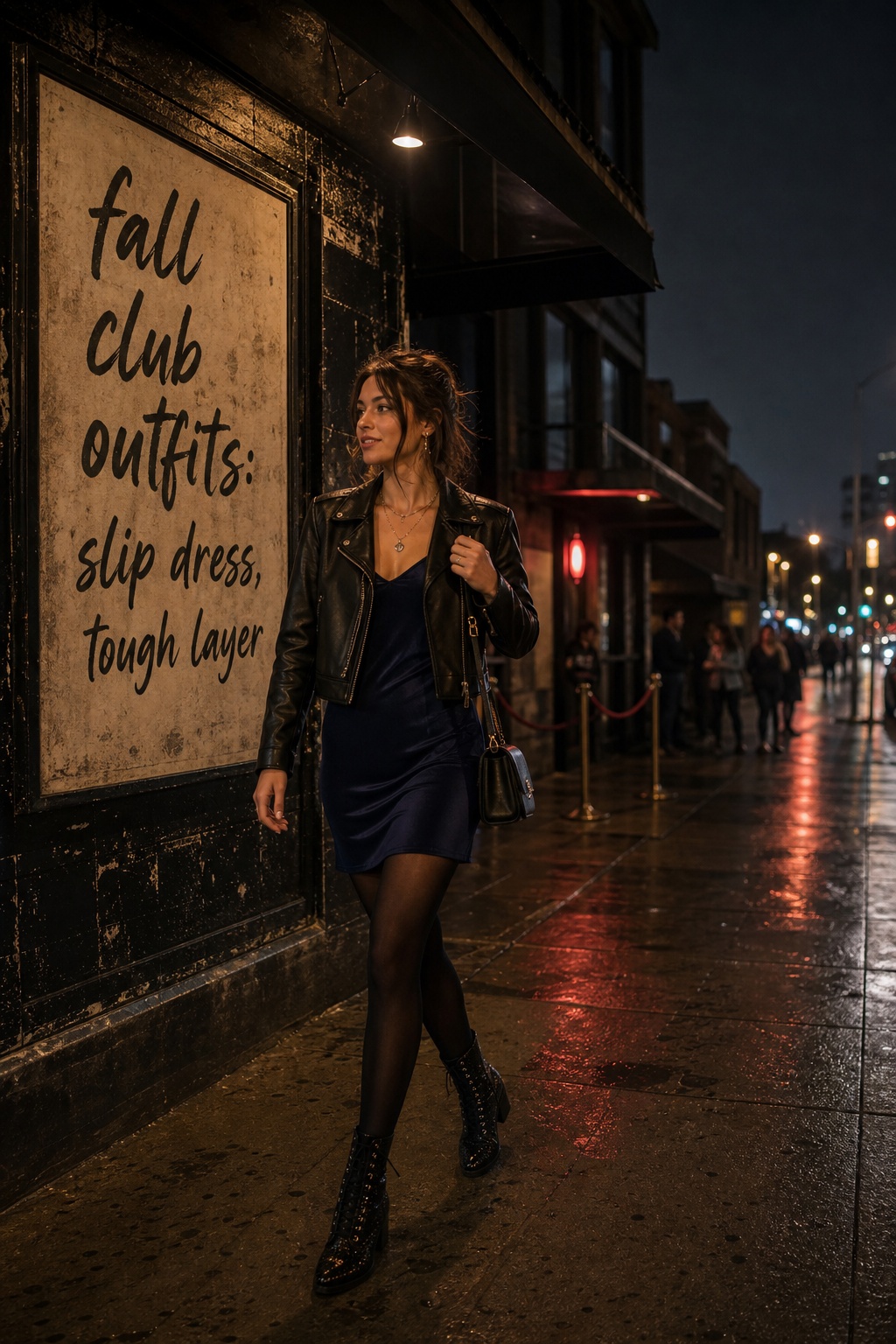 fall club outfits with a navy slip dress, leather jacket, tights, and lace-up boots