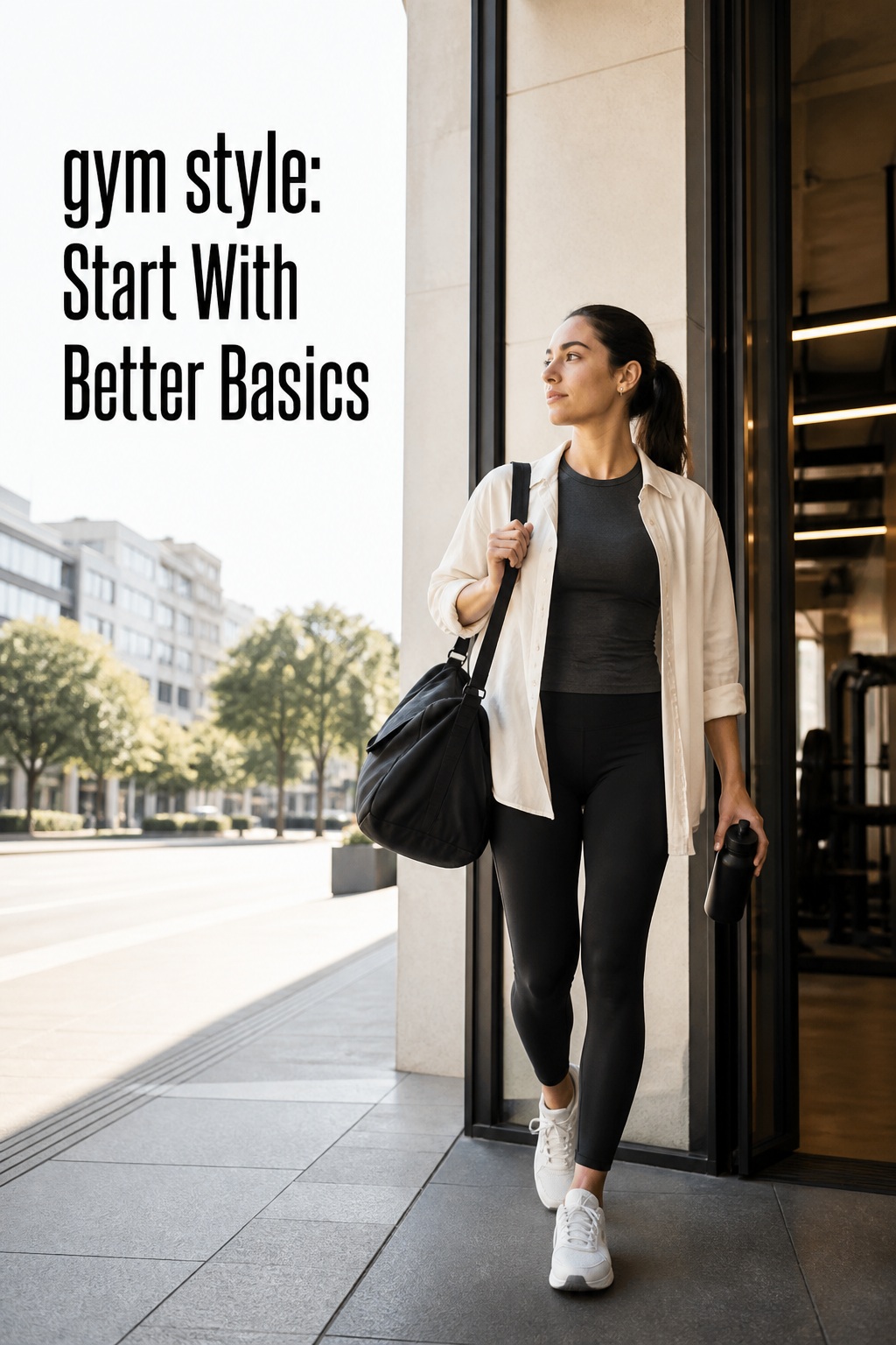 Gym Style Better Basics gym style with black leggings, cream shirt, and city-ready sneakers