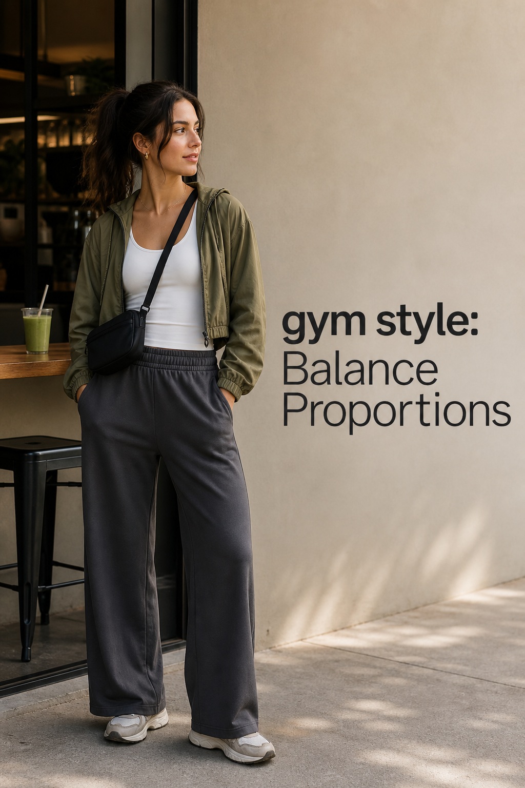 Gym Style Balanced Proportions gym style with wide track pants, white tank, olive jacket, and crossbody bag