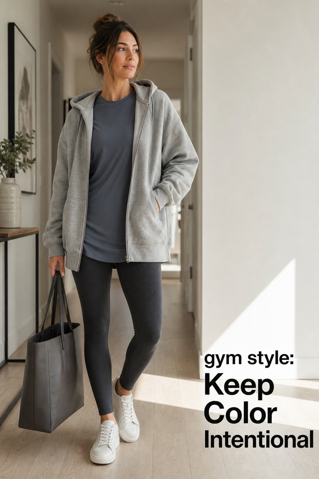 Gym Style Intentional Color gym style monochrome outfit with ribbed leggings, hoodie, sneakers, and tote