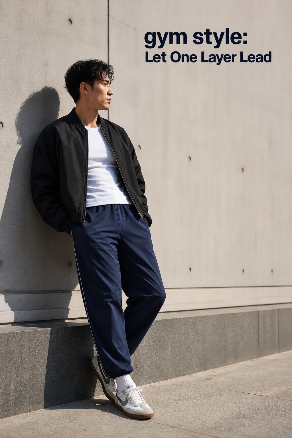 Gym Style One Leading Layer gym style with navy track pants, fitted tee, bomber jacket, and retro sneakers