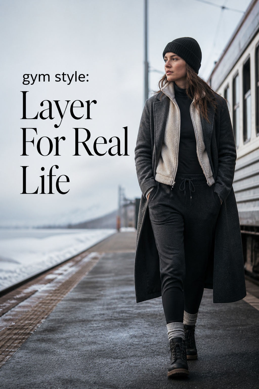 Gym Style Winter Layers gym style winter layers with fleece, charcoal coat, beanie, and practical boots