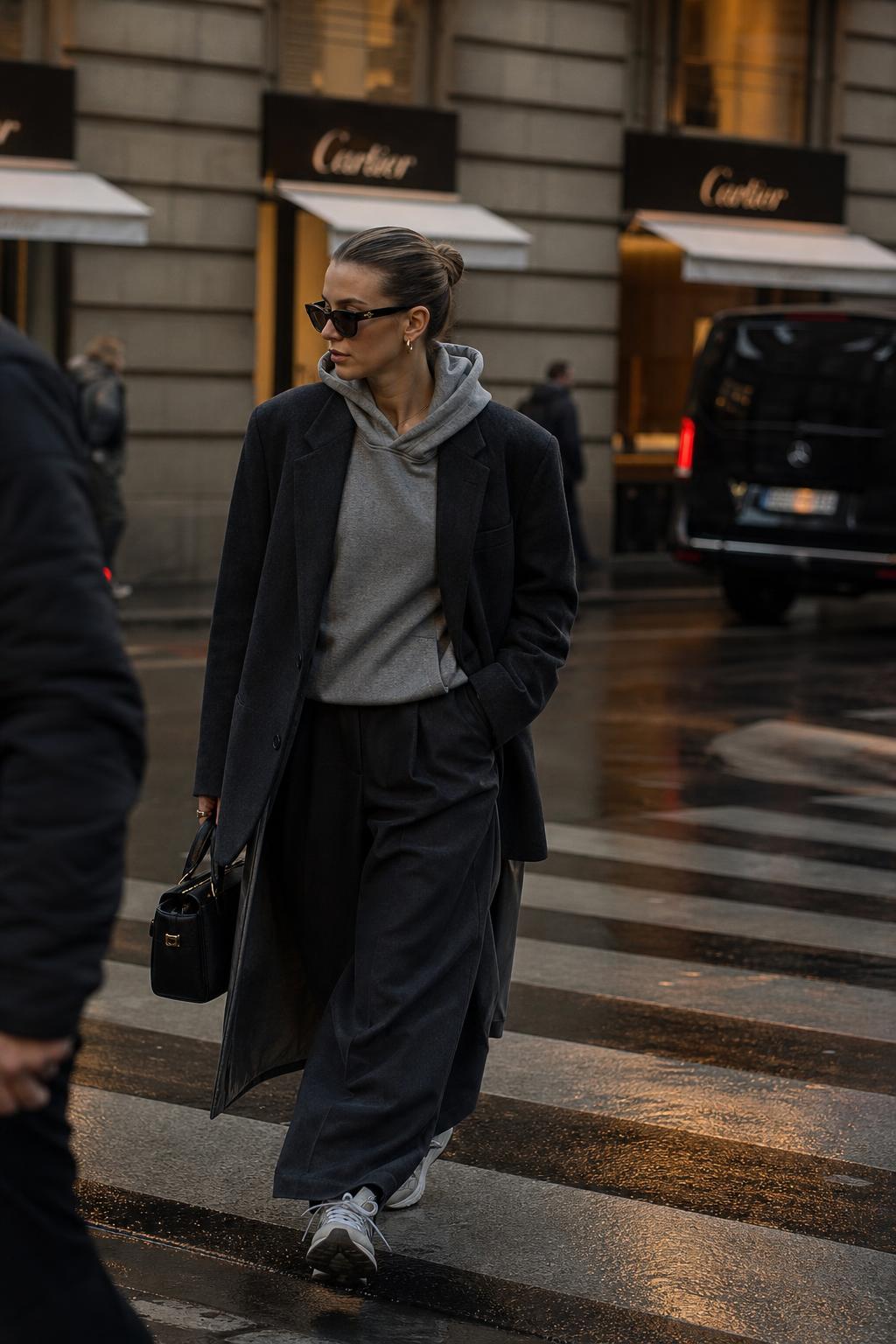 High Fashion Street Style Editorial Look High fashion street style look on a European city sidewalk at blue hour in an elegant editorial fashion photo