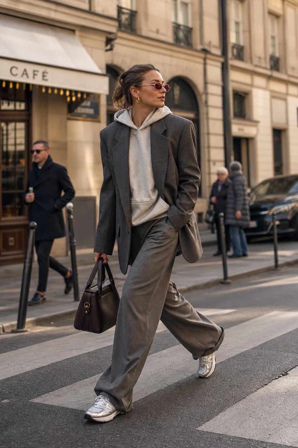 High Fashion Street Style in European City High fashion street style woman crossing a European city street in blazer, hoodie, wide-leg trousers and sneakers