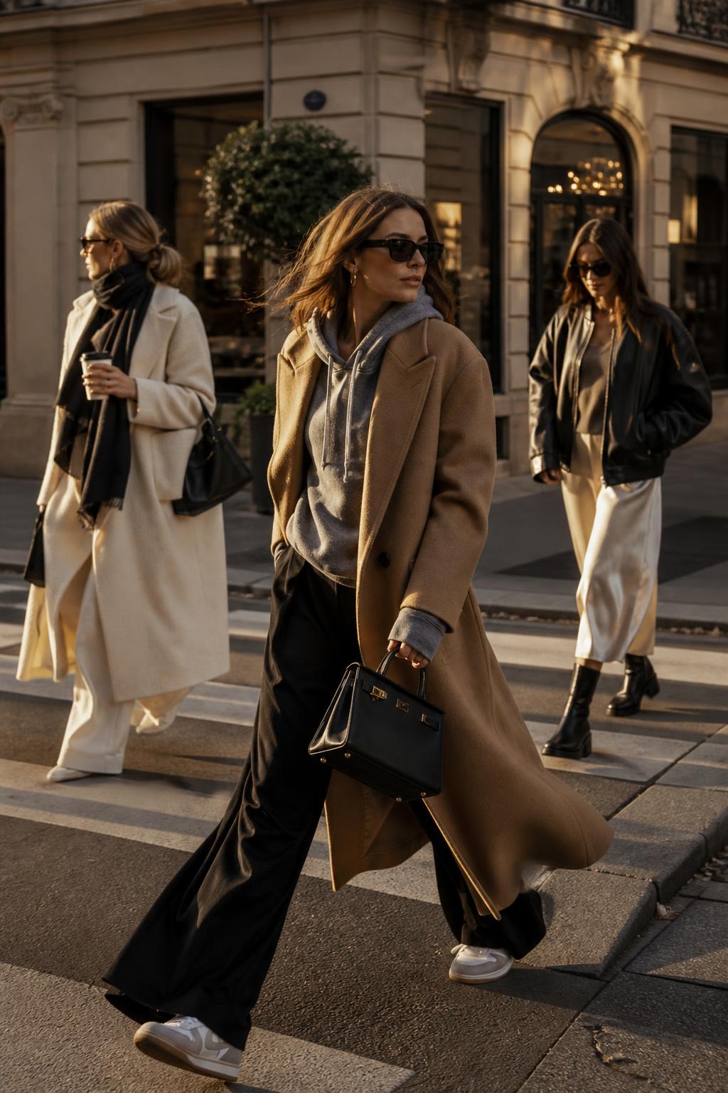 High Fashion Street Style at Golden Hour High fashion street style women walking on a golden hour city sidewalk in tailored and relaxed luxury layers