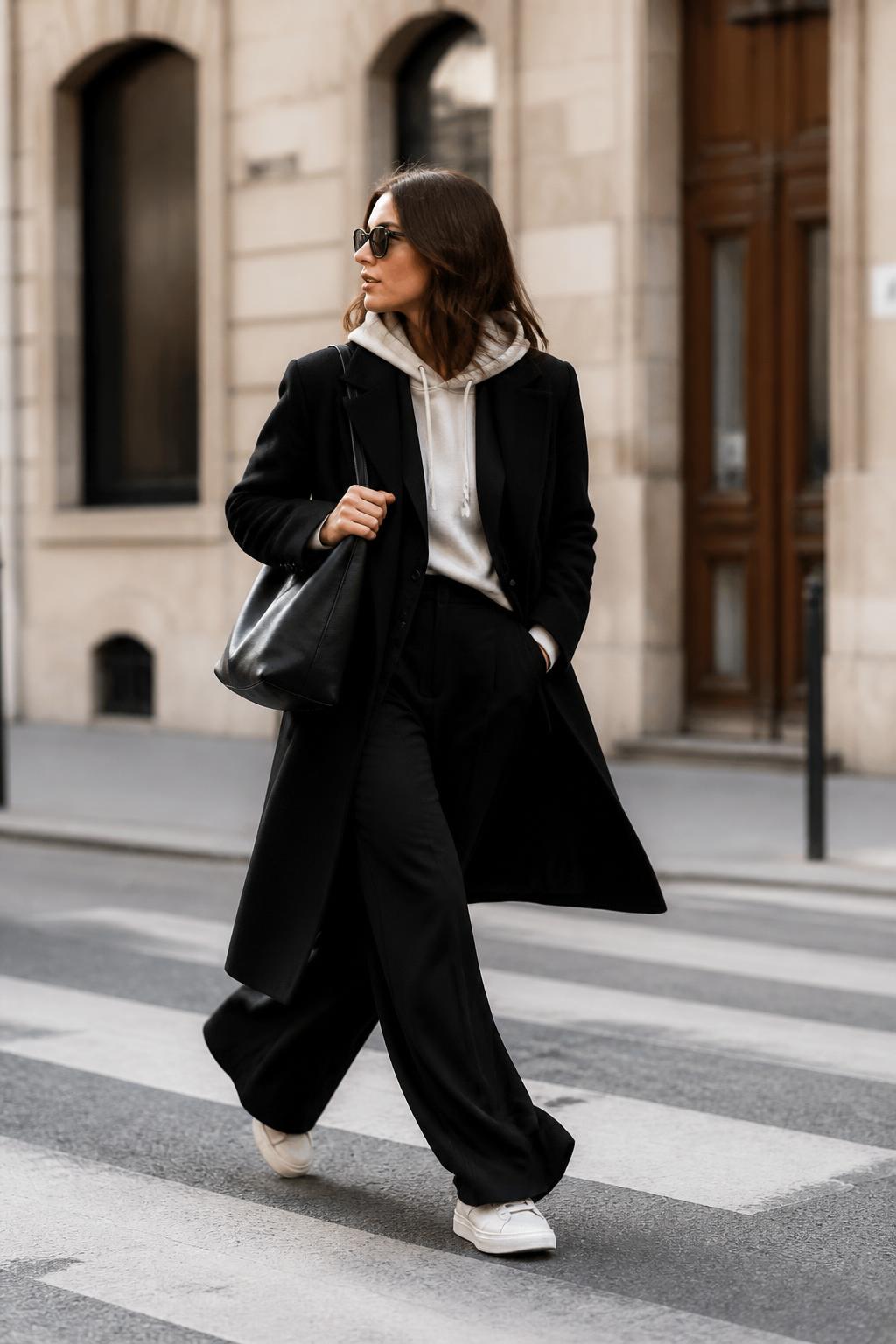 High Fashion Street Style in Neutral Layers High fashion street style woman walking on an elegant city sidewalk in tailored neutral layers