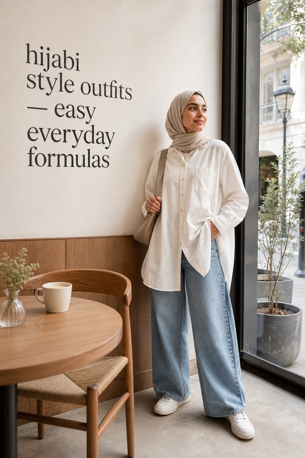Hijabi Style Outfits Easy Everyday Formulas hijabi style outfits with a long white shirt and wide-leg jeans for everyday wear