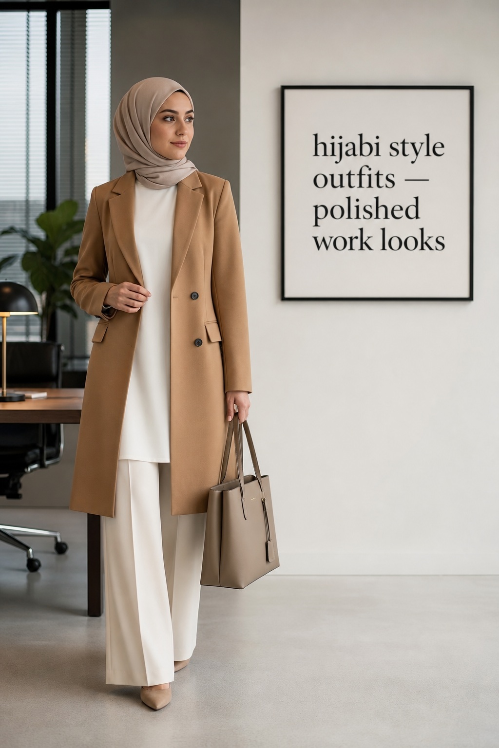 Hijabi Style Outfits Polished Work Looks hijabi style outfits with a camel blazer and ivory tunic for polished workwear