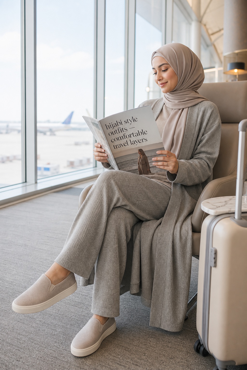 Hijabi Style Outfits Comfortable Travel Layers hijabi style outfits with a soft knit set and cardigan for comfortable travel