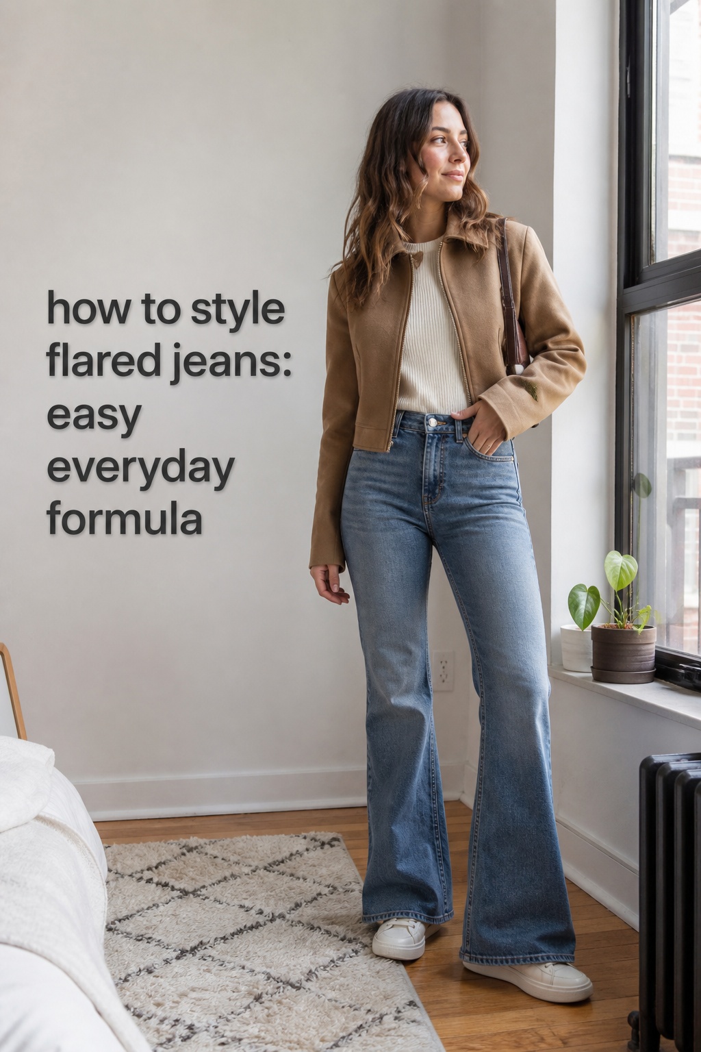 How to Style Flared Jeans Everyday how to style flared jeans with ivory knit and camel jacket