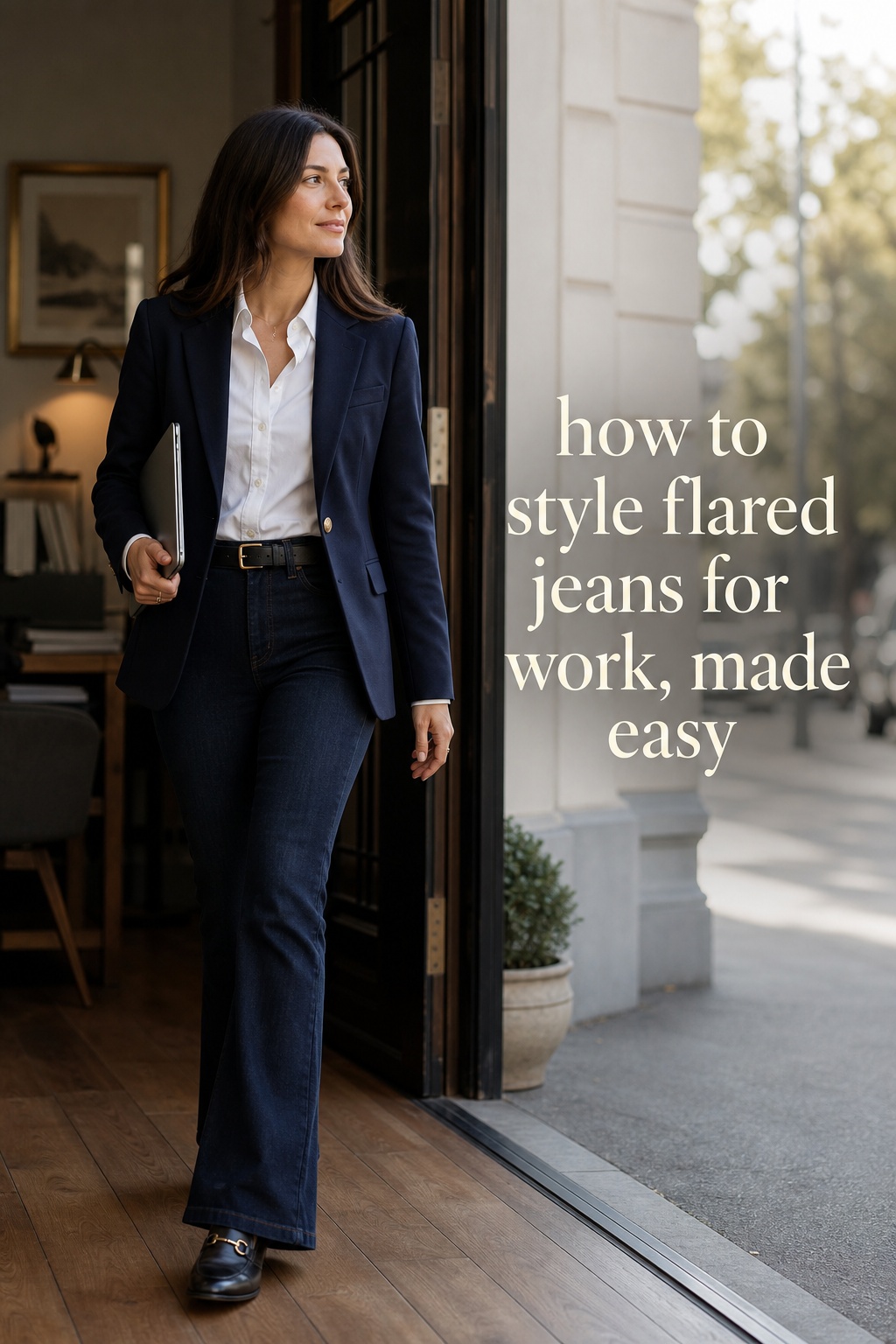 How to Style Flared Jeans for Work how to style flared jeans with a white shirt and navy blazer