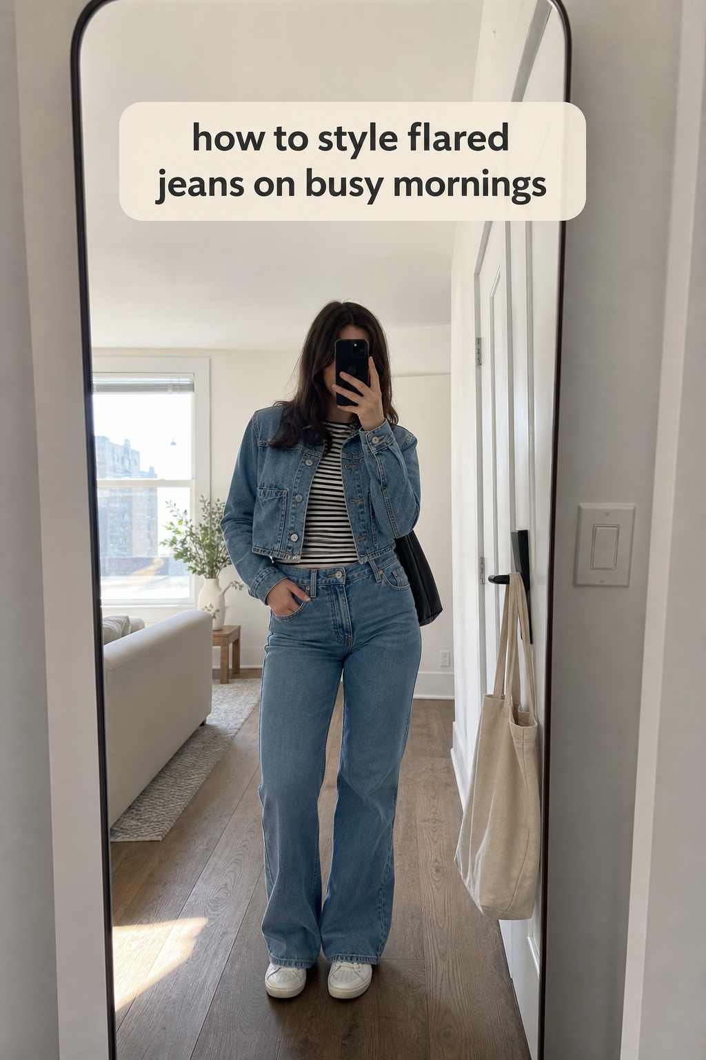 How to Style Flared Jeans on Busy Mornings how to style flared jeans with striped knit and white sneakers