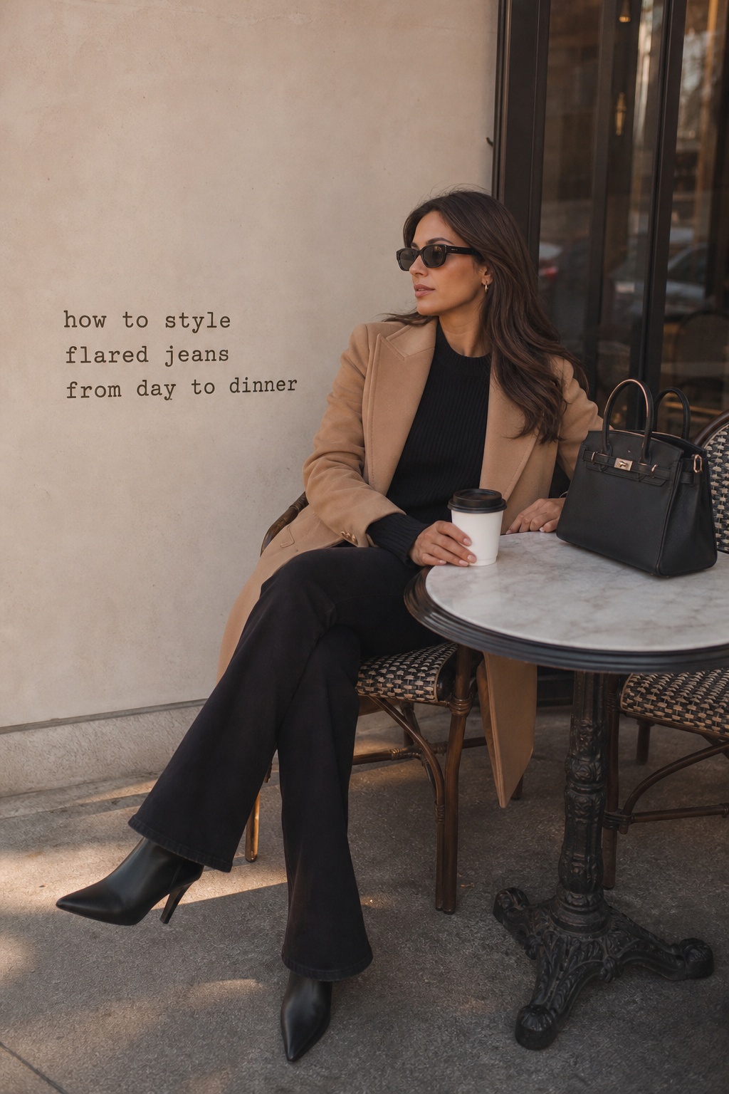 How to Style Flared Jeans Day to Dinner how to style flared jeans with camel coat and pointed boots