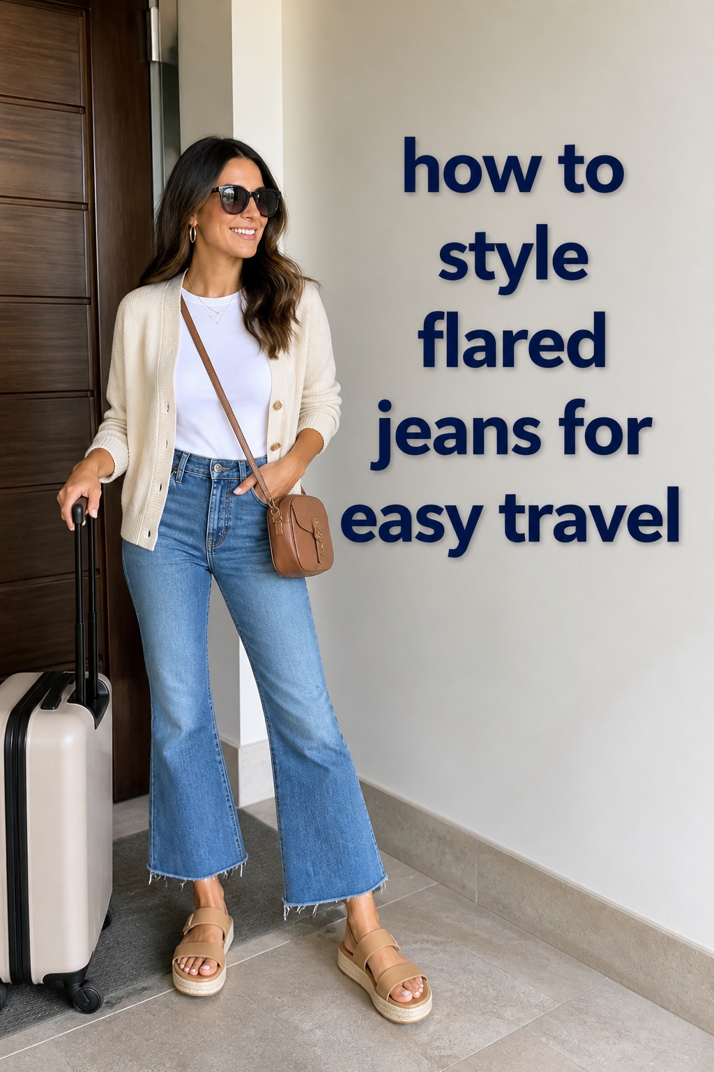 How to Style Flared Jeans for Travel how to style flared jeans with a cardigan and platform sandals