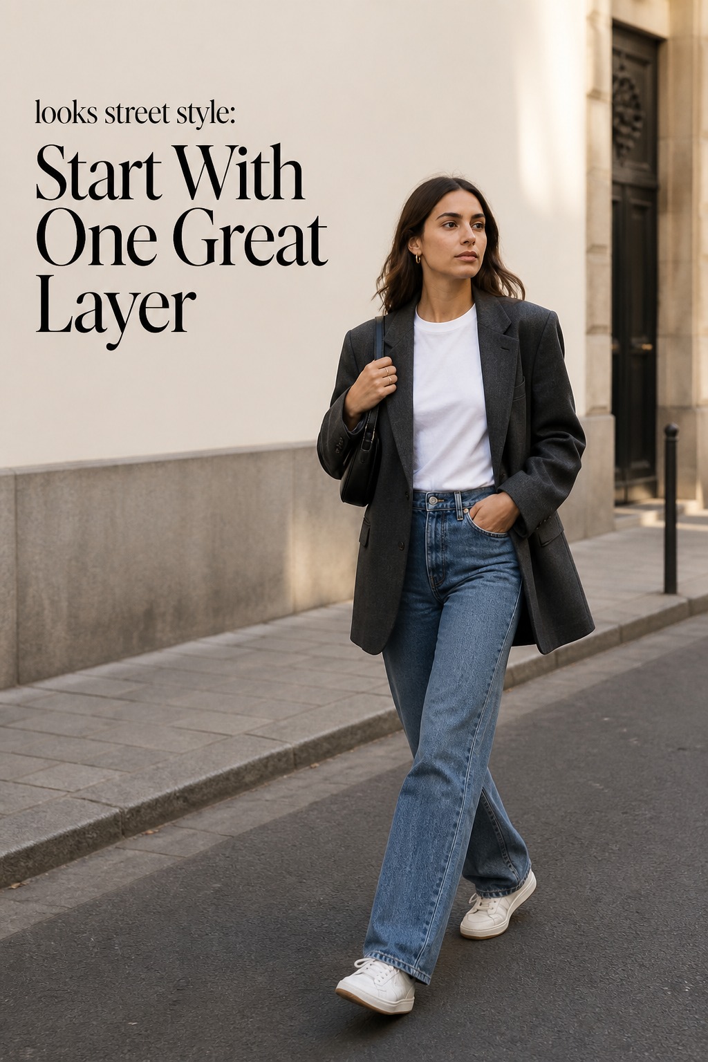 Looks Street Style Strong Layer looks street style with white tee, straight jeans and oversized blazer