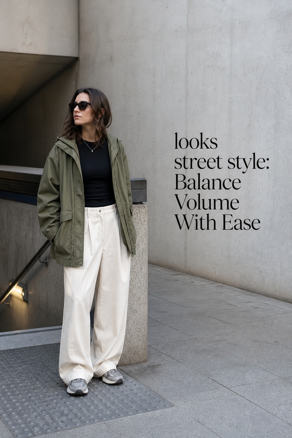 Looks Street Style Volume Balance looks street style with olive utility jacket and wide cream trousers