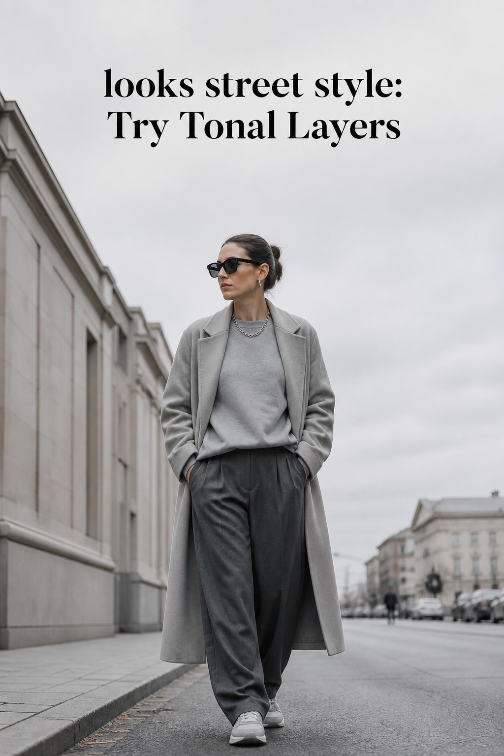 Looks Street Style Tonal Layers looks street style tonal gray sweatshirt trousers and long coat
