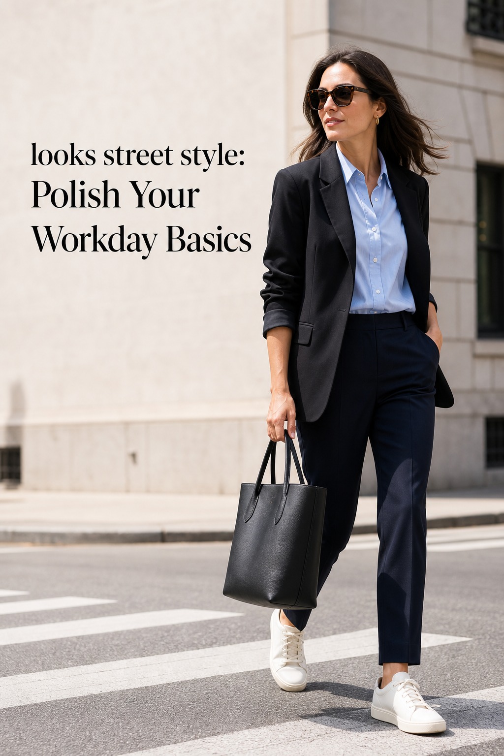 Looks Street Style Work Basics looks street style work outfit with blue shirt navy trousers and blazer