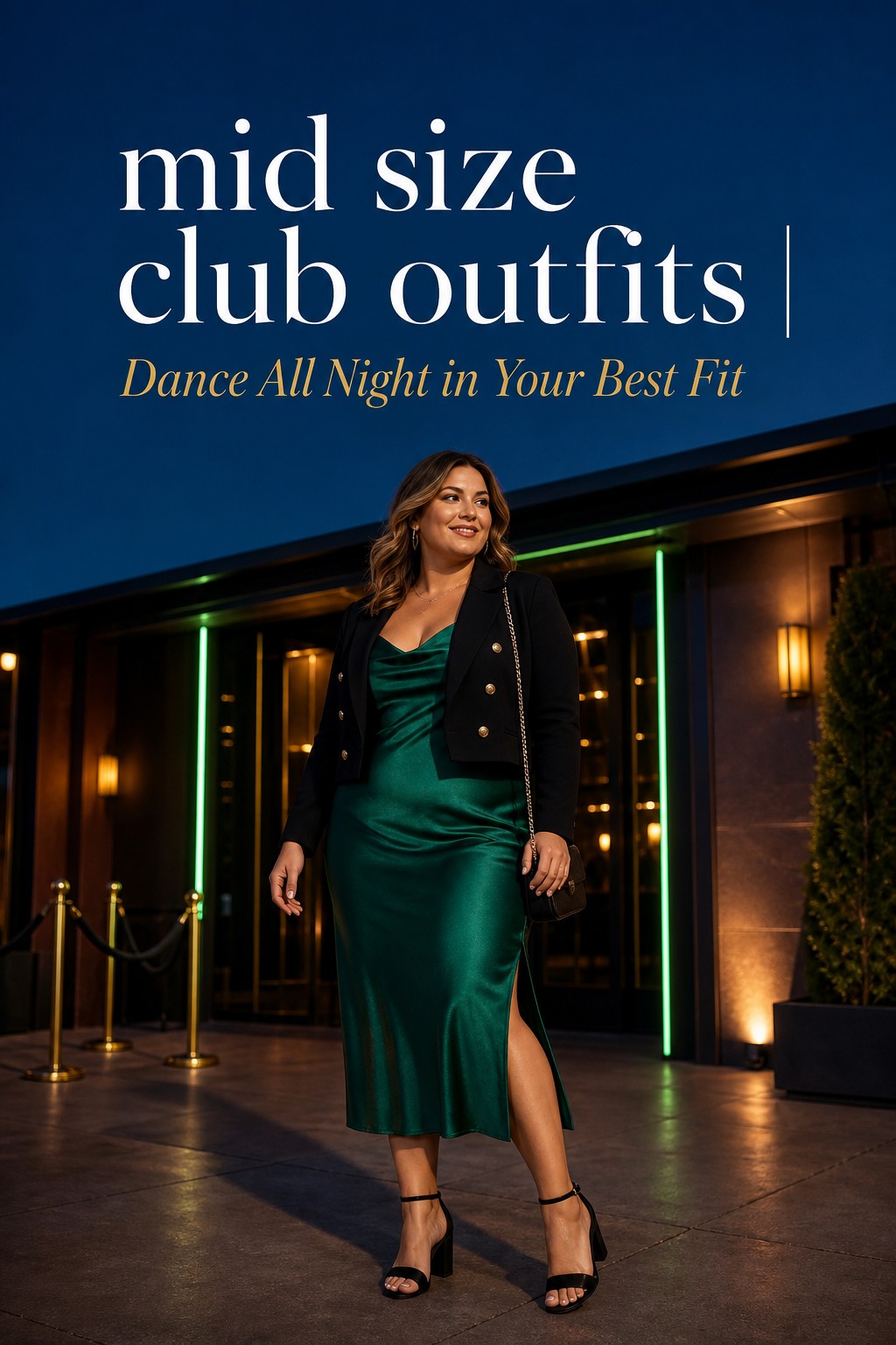 Mid Size Club Outfits Dance All Night mid size club outfits with an emerald blouse, black trousers, and a cropped blazer