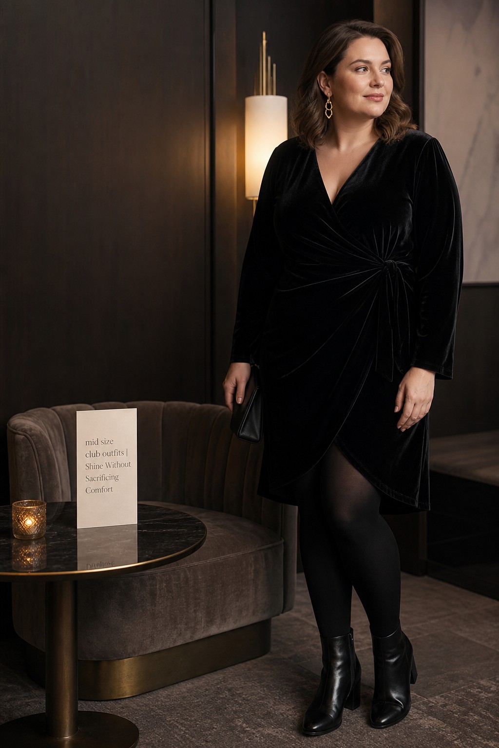Mid Size Club Outfits Shine Comfort mid size club outfits with a black velvet wrap dress and ankle boots