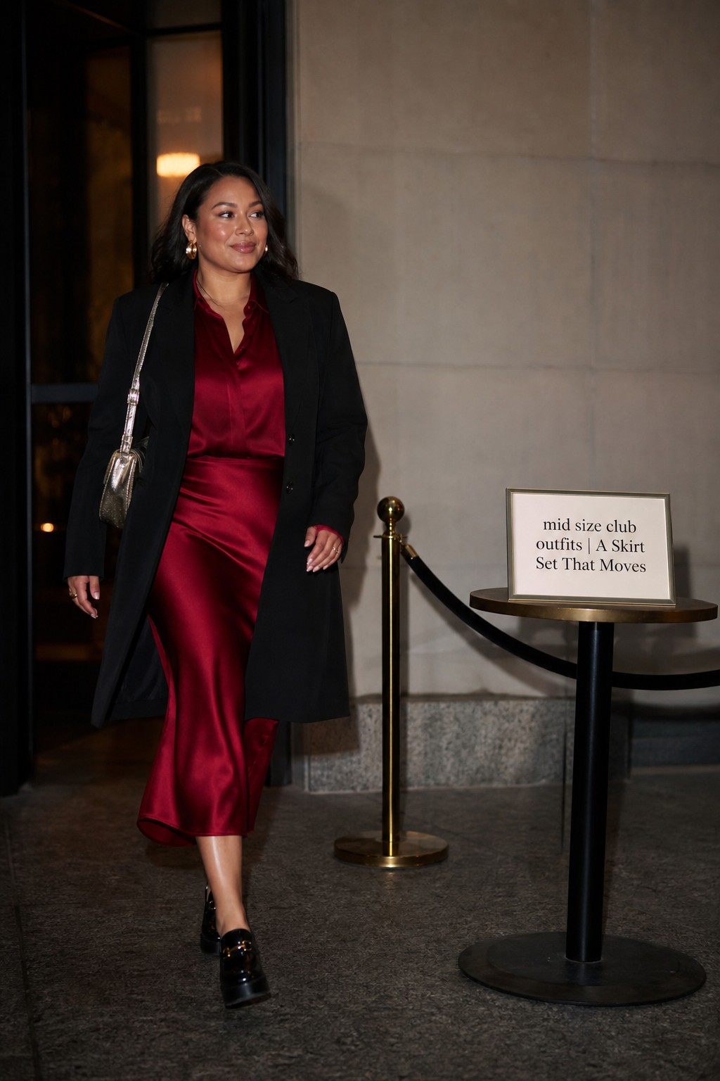Mid Size Club Outfits Skirt Set mid size club outfits with a deep red satin skirt set and black blazer
