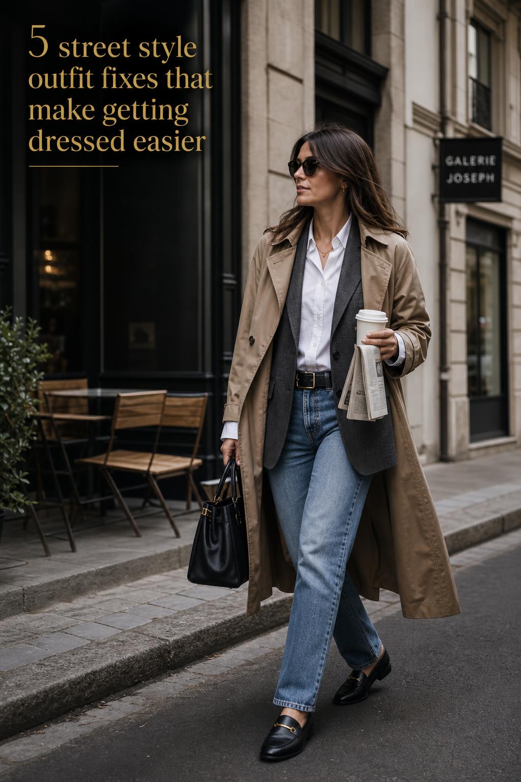 Modern street style outfit with blazer, trench coat and straight-leg denim on a woman walking in a refined city street