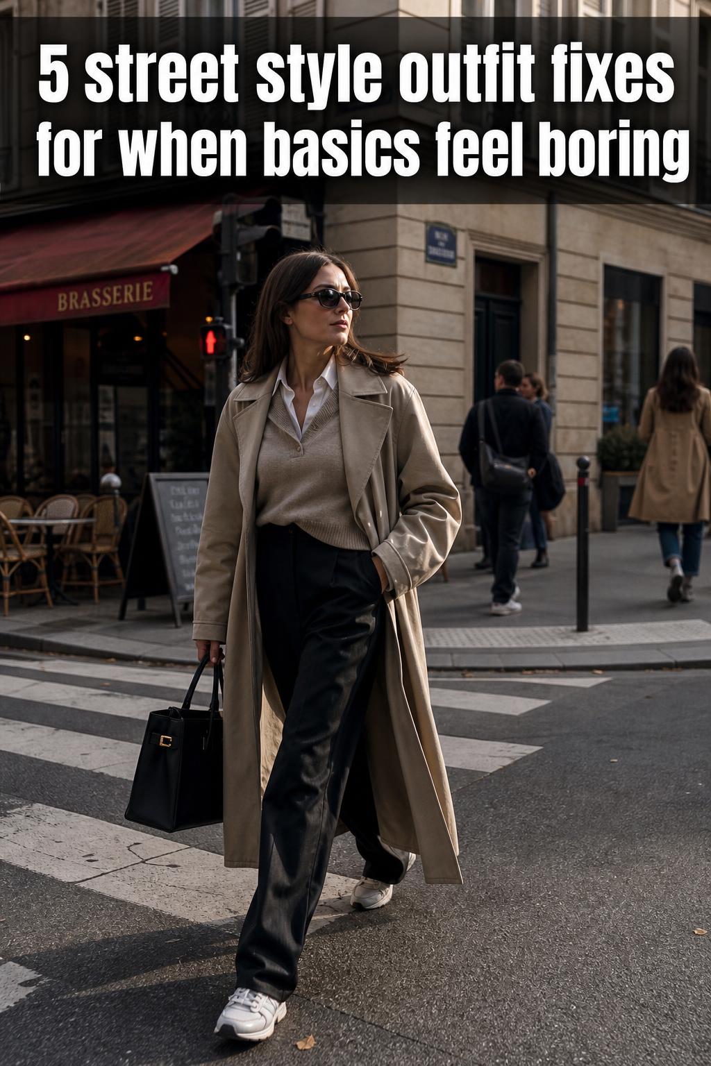 Street style outfit featuring a modern layered look on a city sidewalk