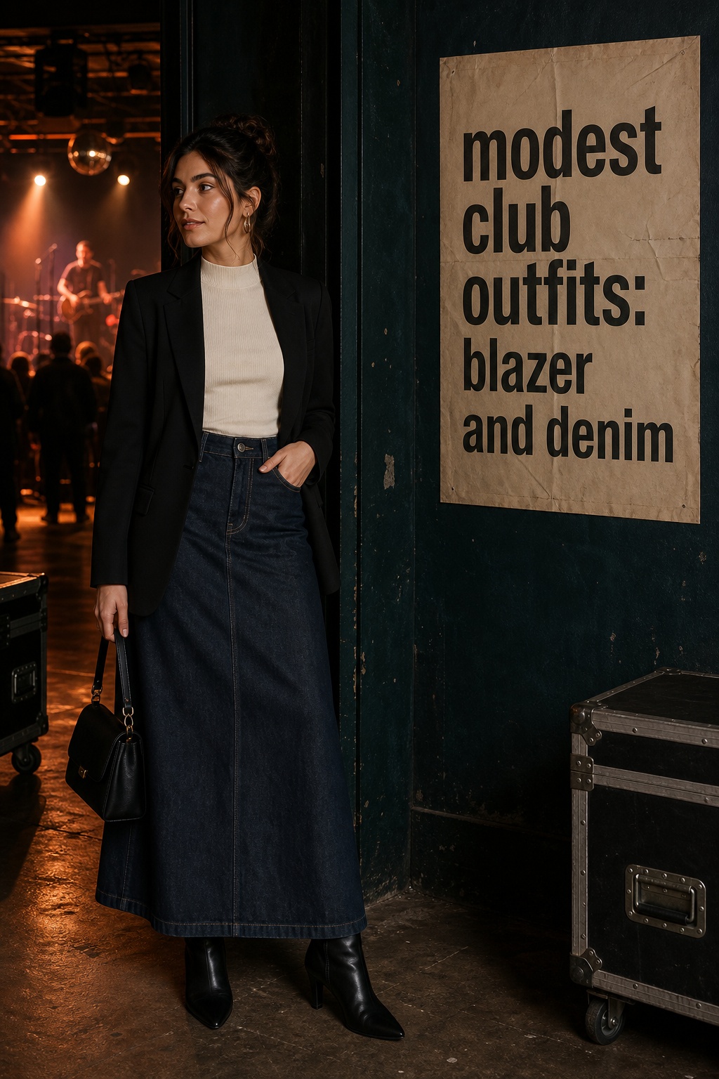 Modest Club Outfits Blazer Denim modest club outfits with a dark denim maxi skirt and tailored blazer